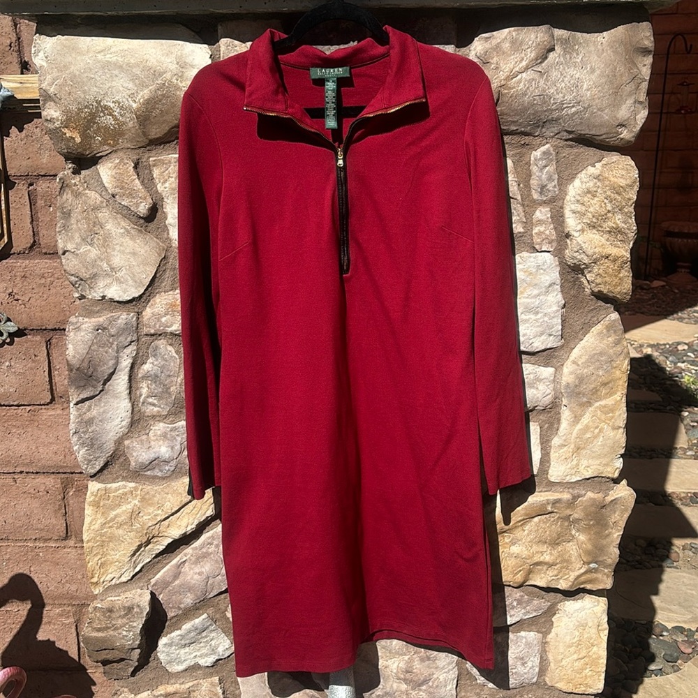 Ralph Lauren Red Dress Lamb Leather Elbow Patches Size 14 Equestrian Long Sleeve